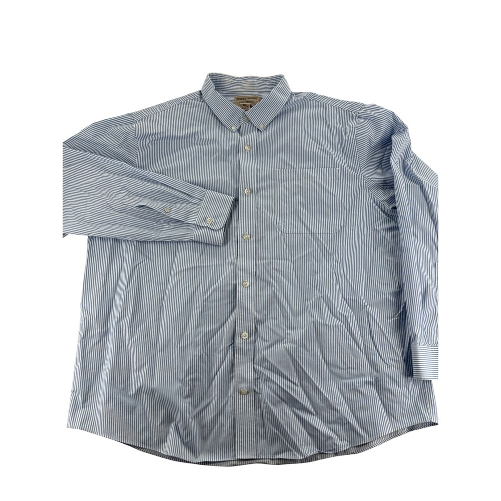 Duluth Trading Co Button Down Shirt 2XL Wrinklefighter Blue White Stripe Relaxed
